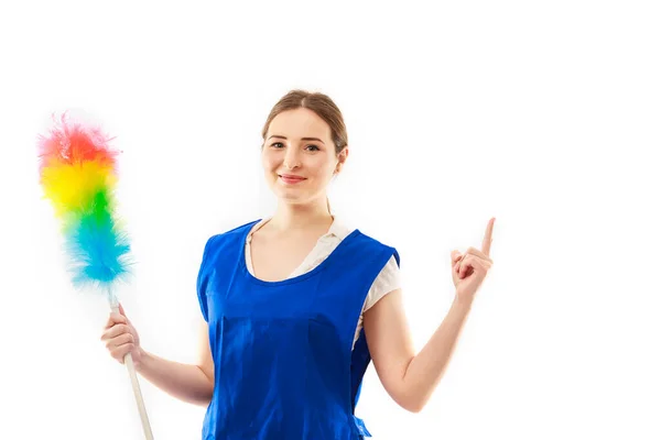 Cleaning Woman Pointing Showing Your Product Text Isolated White Background — Stock Photo, Image