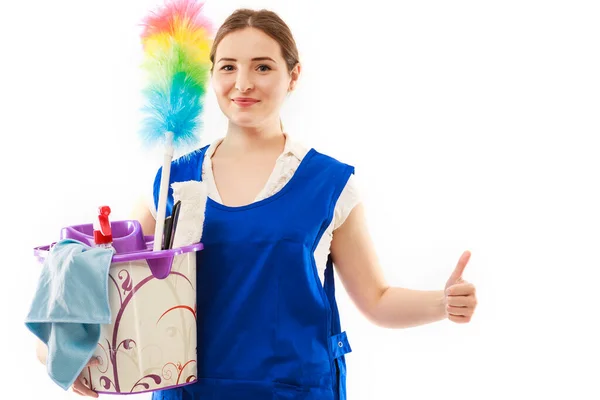 Woman Finished Cleaning Showing Happy Thumbs Successful Spring Cleaning Beautiful — Stock Photo, Image