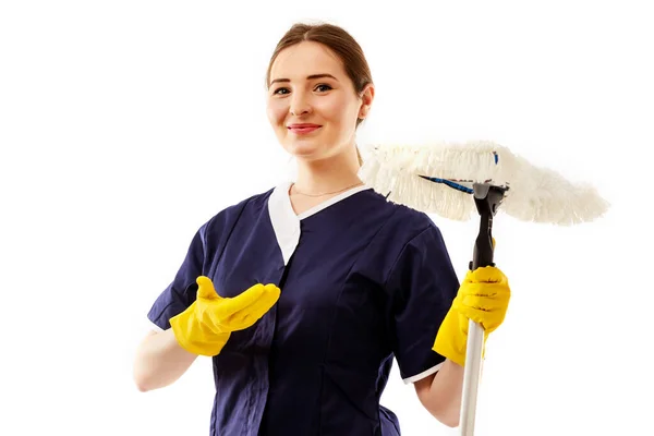 Mulher Limpeza Apontando Mostrando Seu Produto Texto Isolado Fundo Branco — Fotografia de Stock