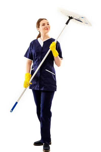 Kobieta Sprzątająca Mopem Białym Tle Odizolowana Koncepcja Sprzątania Domu Lub — Zdjęcie stockowe