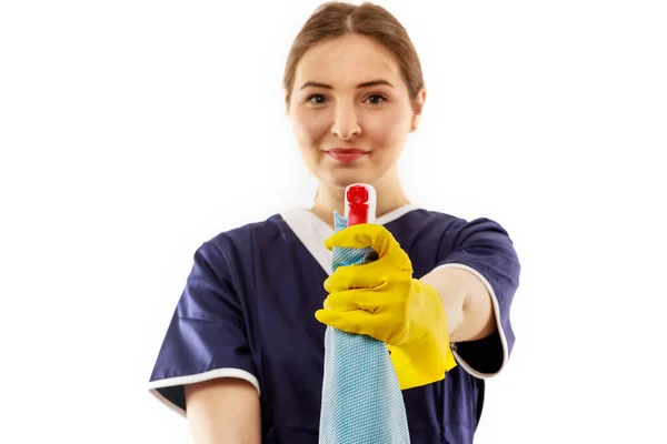 Jovem Avental Isolado Sobre Fundo Branco Conceito Limpeza — Fotografia de Stock