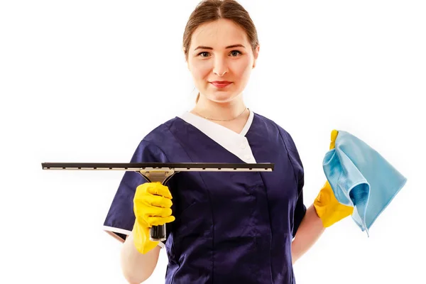 Schone Vrouw Met Een Ruitenreiniger Geplet Een Witte Achtergrond Schoonmaakconcept — Stockfoto