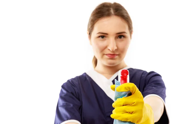 Young Woman Apron Isolated White Background Cleaning Concept — Stock Photo, Image