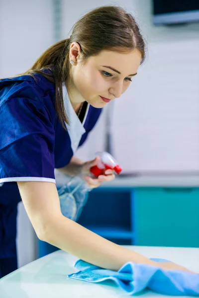 Close Housewife Yellow Gloves Cloth Cleaning Table Home — Stock Photo, Image