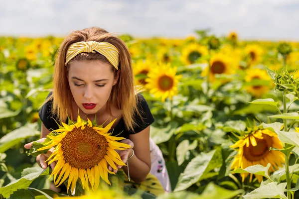 Mooie Jonge Vrouw Een Zonnebloemen Veld — Stockfoto