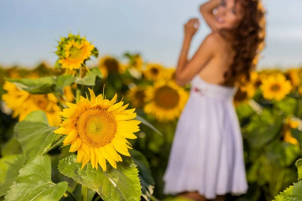 Bella Donna Posa Nel Campo Agricolo Con Girasole Una Giornata — Foto Stock