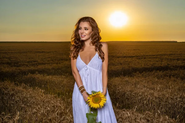 Mulher Bonita Vestido Branco Campo Trigo Com Uma Flor Girassol — Fotografia de Stock