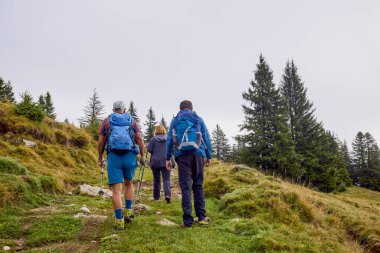 Bulutlu ve sisli bir günde büyükbabalarıyla dağlarda yürüyen bir çift..