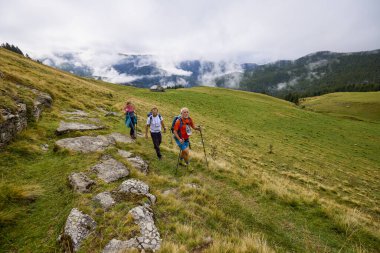 Bulutlu ve sisli bir günde büyükbabalarıyla dağlarda yürüyen bir çift..