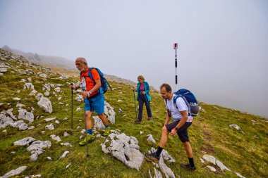 Bulutlu ve sisli bir günde büyükbabalarıyla dağlarda yürüyen bir çift..