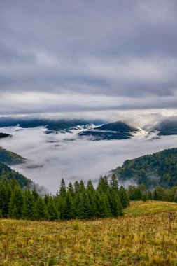 Romanya 'nın Bucegi Dağları' ndaki güzel bir dağ manzarası Eylül ayında bulutlar ve sis ile.
