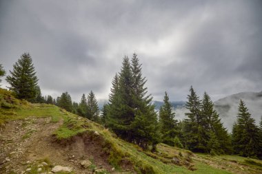 Romanya 'nın Bucegi Dağları' ndaki güzel bir dağ manzarası Eylül ayında bulutlar ve sis ile.