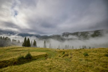 Romanya 'nın Bucegi Dağları' ndaki güzel bir dağ manzarası Eylül ayında bulutlar ve sis ile.