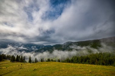 Romanya 'nın Bucegi Dağları' ndaki güzel bir dağ manzarası Eylül ayında bulutlar ve sis ile.