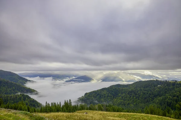 Romanya 'nın Bucegi Dağları' ndaki güzel bir dağ manzarası Eylül ayında bulutlar ve sis ile.