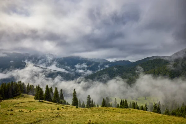 Romanya 'nın Bucegi Dağları' ndaki güzel bir dağ manzarası Eylül ayında bulutlar ve sis ile.