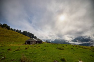 Romanya 'nın Bucegi Dağları' nda terk edilmiş ahşap ağılı dağ manzarası bulutlu bir Eylül gününde