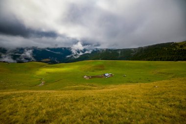 Romanya 'nın Bucegi Dağları' nda terk edilmiş ahşap ağılı dağ manzarası bulutlu bir Eylül gününde