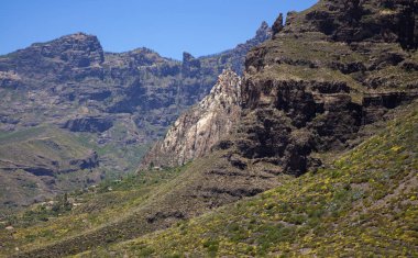 Gran Canaria, Haziran, Caldera de Tirajana, beyaz uçurum Risco Blanco uzakta arasındaki uçurumun Barranco de Guayadeque yol hiking boyunca kez bakıldı