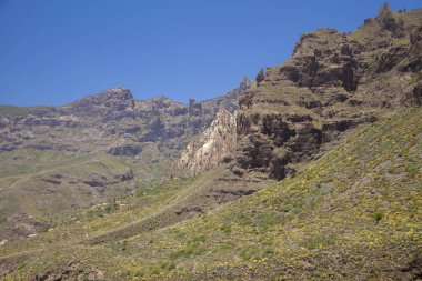 Gran Canaria, Haziran, Caldera de Tirajana, beyaz uçurum Risco Blanco uzakta arasındaki uçurumun Barranco de Guayadeque yol hiking boyunca kez bakıldı