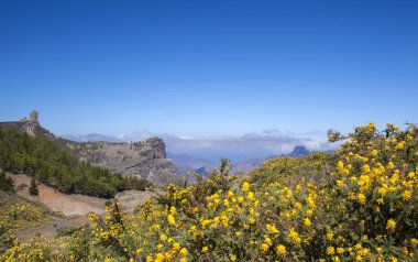 Gran Canaria, Haziran 2018, görüntülemek acrross Caldera de Tejeda, ikonik kaya oluşumu Roque Nublo soldaki Teide Tenerife sağ uzak mesafe