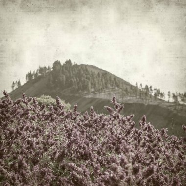 Gran Canaria ile dokulu eski Kağıt arka plan manzara, Galdar Belediyesi, siyah volkanik kül Montanon Negro, siyah dağına