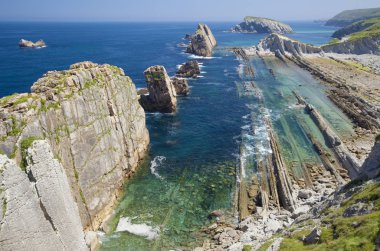 Cantabria, Costa Quebrada boyunca kıyı manzara, kırık kenarı, Flysch muhteşem paralel sırtları kaya oluşumu Playa de la Arnia çevresinde yazın