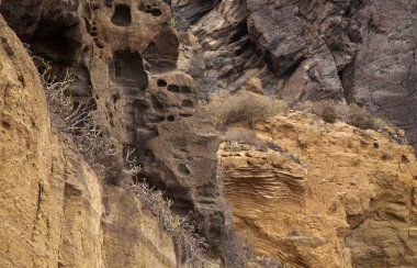 Gran Canaria, dik vadi Barranco de Valeron, olarak da bilinen Barranco de San Felipe, farklı katmanlar vocanic kaya duvarları