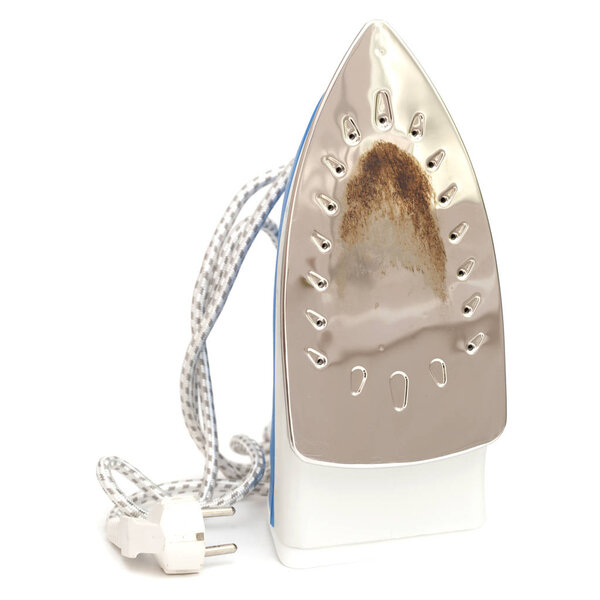 time for a new iron, steam flatiron with burned stain on working surface isolated on white 