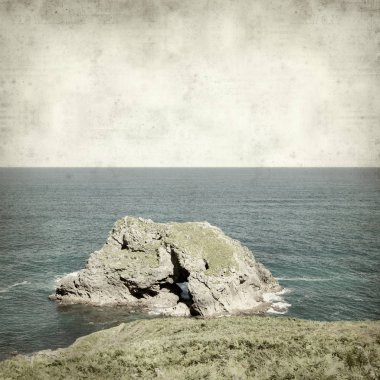 Asturias, İspanya kıyı manzara ile eski Kağıt arka plan dokulu