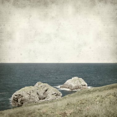Asturias, İspanya kıyı manzara ile eski Kağıt arka plan dokulu