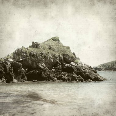 Asturias, İspanya kıyı manzara ile eski Kağıt arka plan dokulu