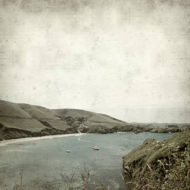 Asturias, İspanya kıyı manzara ile eski Kağıt arka plan dokulu