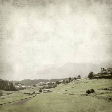 Asturias, İspanya kıyı manzara ile eski Kağıt arka plan dokulu