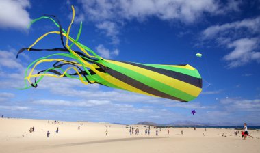 Fuerteventura, İspanya - 10 Kasım: Ziyaretçi 10 Kasım 2018 yılında Tabiat Parkı Corralejo Dunes, Fuerteventura, İspanya 31 Uluslararası Uçurtma Festivali, uçurtmalar uçan güzel görüntü keyfini çıkarın