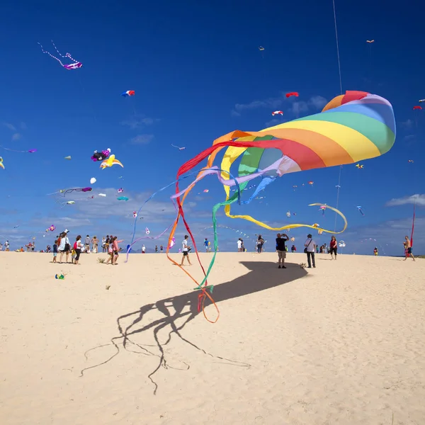 西班牙富埃特文图拉 11月10日 2018年11月10日 在西班牙富埃特文图拉科拉莱霍自然公园的沙丘上 游客们可以欣赏到国际风筝节的美丽展示 — 图库照片