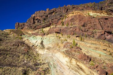 Gran Canaria, Kasım 2018, muhteşem renkli cam tabakaları Fuente de los Azulejos, Mogan - La Aldea de San Nicolas doğal dağ yolu üzerinde yer alan fayans, kelimenin tam anlamıyla anlamı Çeşmesi