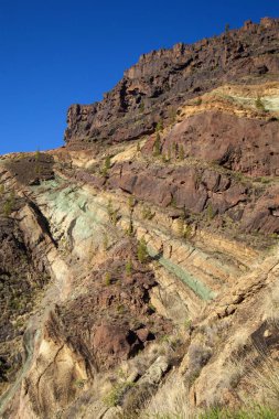 Gran Canaria, Kasım 2018, muhteşem renkli cam tabakaları Fuente de los Azulejos, Mogan - La Aldea de San Nicolas doğal dağ yolu üzerinde yer alan fayans, kelimenin tam anlamıyla anlamı Çeşmesi
