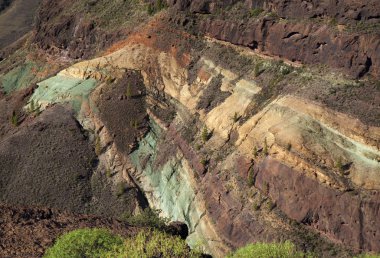 Gran Canaria, Kasım 2018, muhteşem renkli cam tabakaları Fuente de los Azulejos, Mogan - La Aldea de San Nicolas doğal dağ yolu üzerinde yer alan fayans, kelimenin tam anlamıyla anlamı Çeşmesi