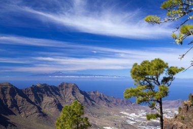 Gran Canaria, Kasım 2018, görünümden sıkı doğa rezerv Inagua towrads Guigui massif ve Teide üstündeki Tenerife, Teide ilk kar