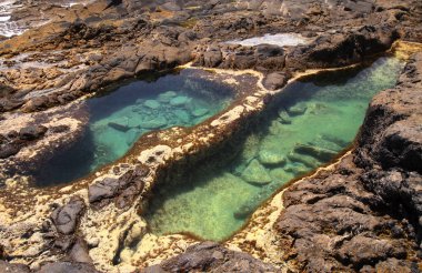 Gran Canaria 'nın kuzey kıyısı, Kanarya Adaları, Banaderos bölgesindeki lav tarlalarında doğal yüzme havuzları