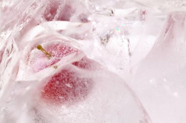 Buz kalıbının içinde donmuş küçük kırmızı erikler.