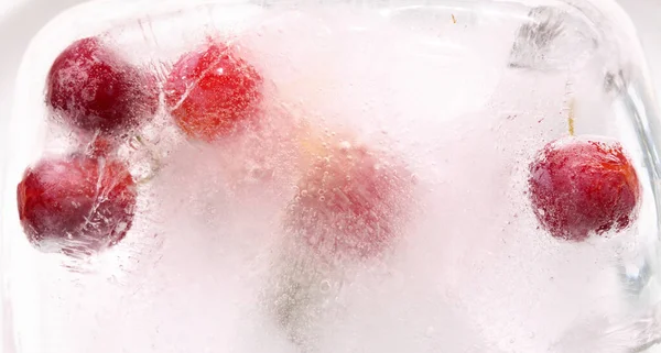 Small Red Plums Frozen Block Ice — Stock Photo, Image