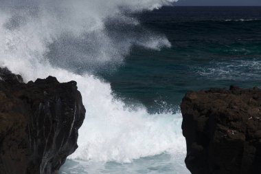 Gran Canaria, kuzey batı kıyısı doğal yüzme havuzları etrafında Salinas de Agaete, eski aşınmış karanlık lav platformuna karşı dalgalar kırılıyor.