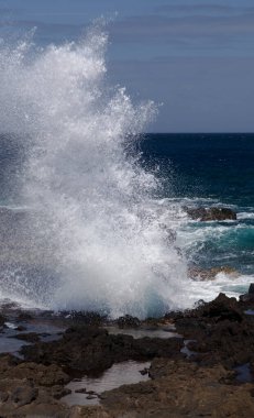 Gran Canaria, kuzey batı kıyısı doğal yüzme havuzları etrafında Salinas de Agaete, eski aşınmış karanlık lav platformuna karşı dalgalar kırılıyor.