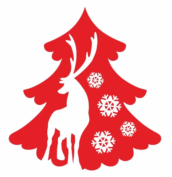 Silhouette Cervo Natale Fiocchi Neve Uno Sfondo Albero Natale — Vettoriale Stock