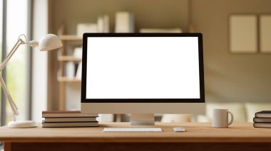 Bilgisayar, kitaplık arkaplan ile çalışma alanının çağdaş 3B illüstrasyonuName.