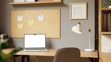 3D dizüstü bilgisayarı, mantarı ve masa lambası olan bir ofis sahnesi..