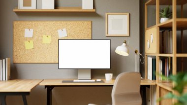 3D, bilgisayar monitörü, mantar mantar, kitaplıklar ve masa lambası ile modern ev ofisini oluşturdu..