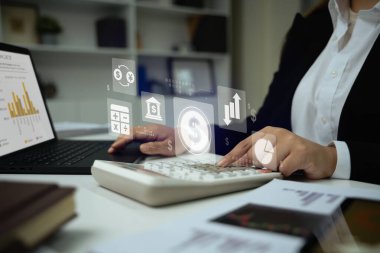 Dijital bankacılık, yatırım ve iş büyüme ikonları ile kurumsal finans analizi.